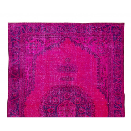 Vintage Handmade Turkish Wool Area Rug Over-Dyed in Fuchsia with Medallion Design