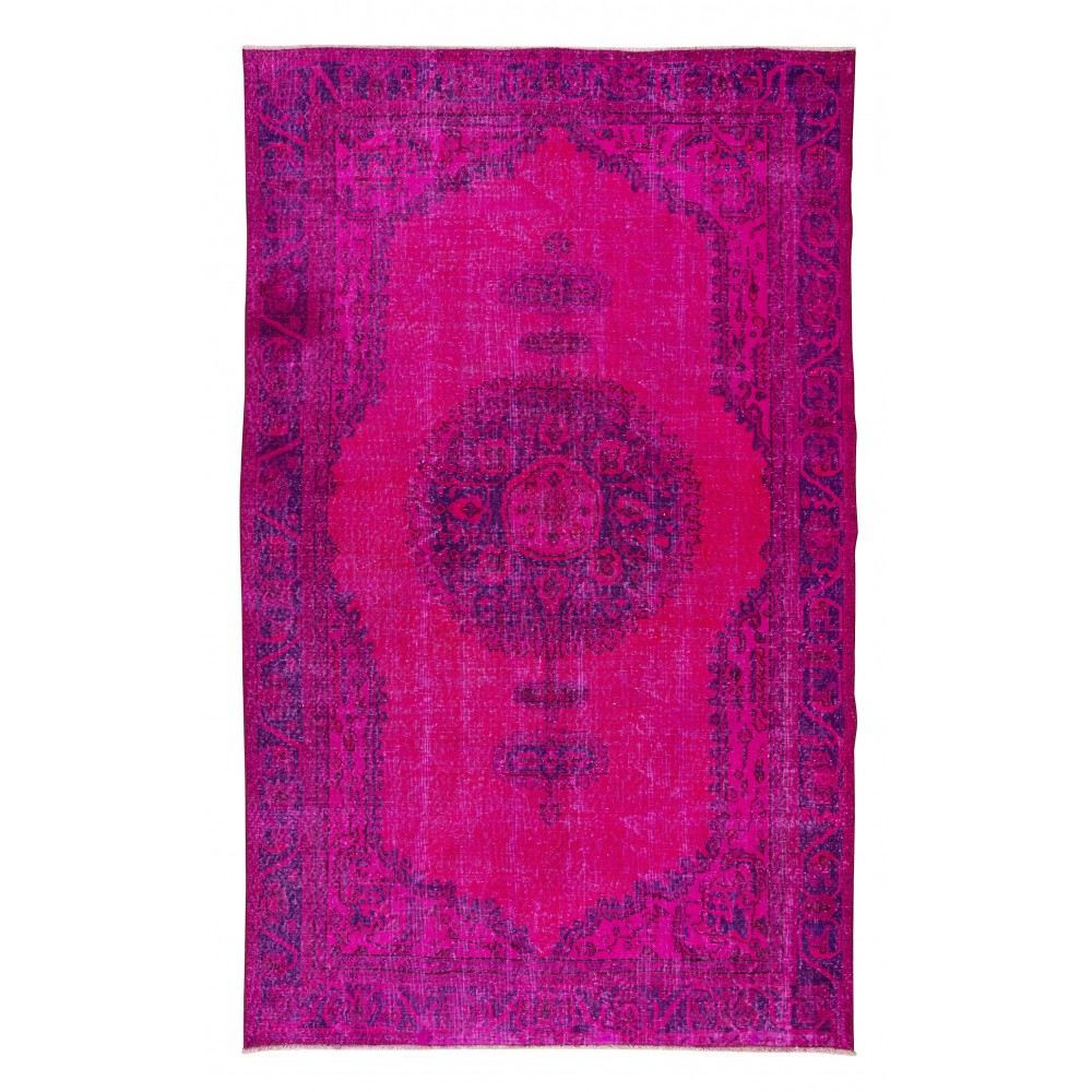 Vintage Handmade Turkish Wool Area Rug Over-Dyed in Fuchsia with Medallion Design