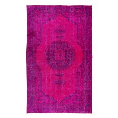 Vintage Handmade Turkish Wool Area Rug Over-Dyed in Fuchsia with Medallion Design