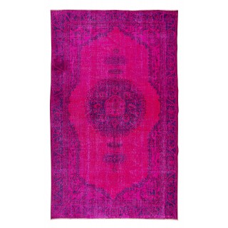 Vintage Handmade Turkish Wool Area Rug Over-Dyed in Fuchsia with Medallion Design