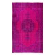 Vintage Handmade Turkish Wool Area Rug Over-Dyed in Fuchsia with Medallion Design