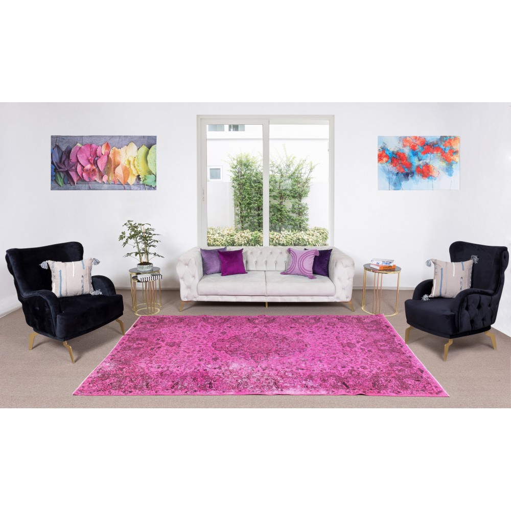 Hand Knotted Vintage Anatolian Area Rug Over-Dyed in Pink with Medallion Design