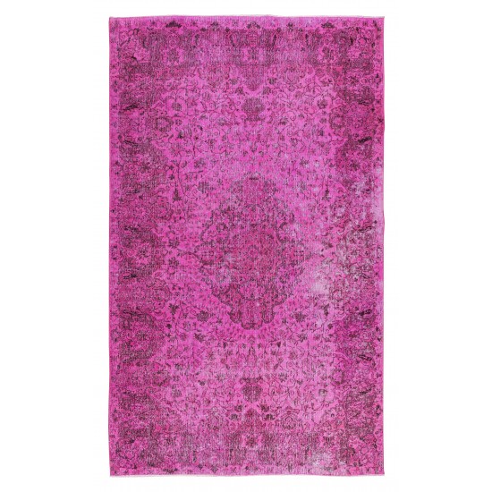 Hand Knotted Vintage Anatolian Area Rug Over-Dyed in Pink with Medallion Design