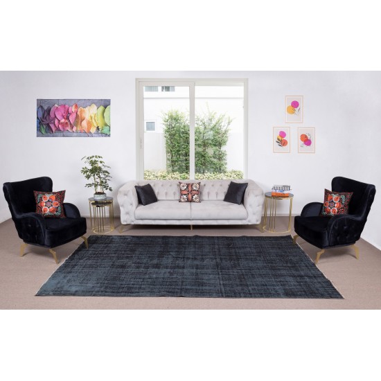 Modern Handmade Turkish Plain Pattern Area Rug in Black, Gray & Blue