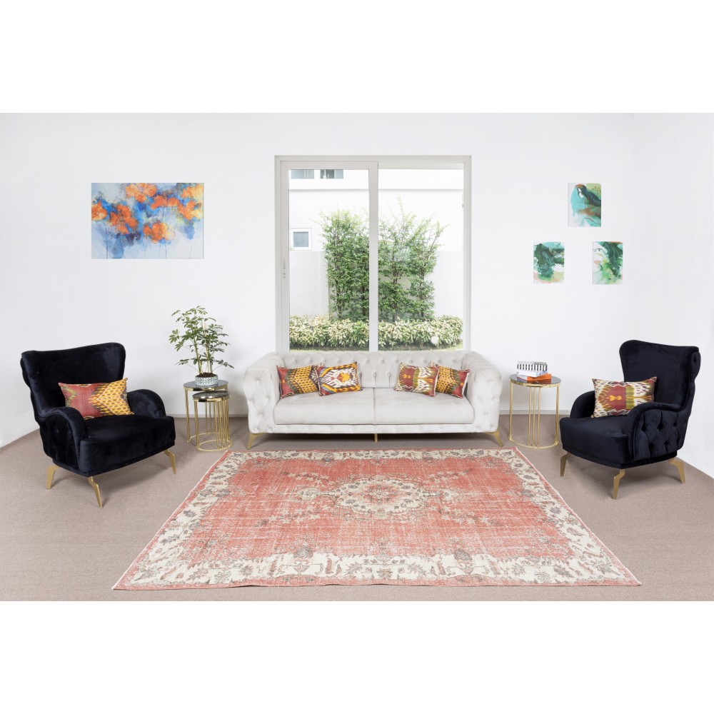 Hand Knotted Vintage Anatolian Oushak Wool Area Rug, Traditional 1960s Floor Covering