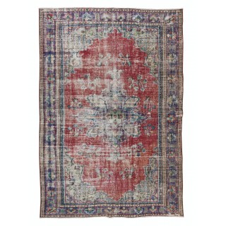 Vintage Hand Knotted Turkish Area Rug with Medallion Design, Distressed Floor Covering
