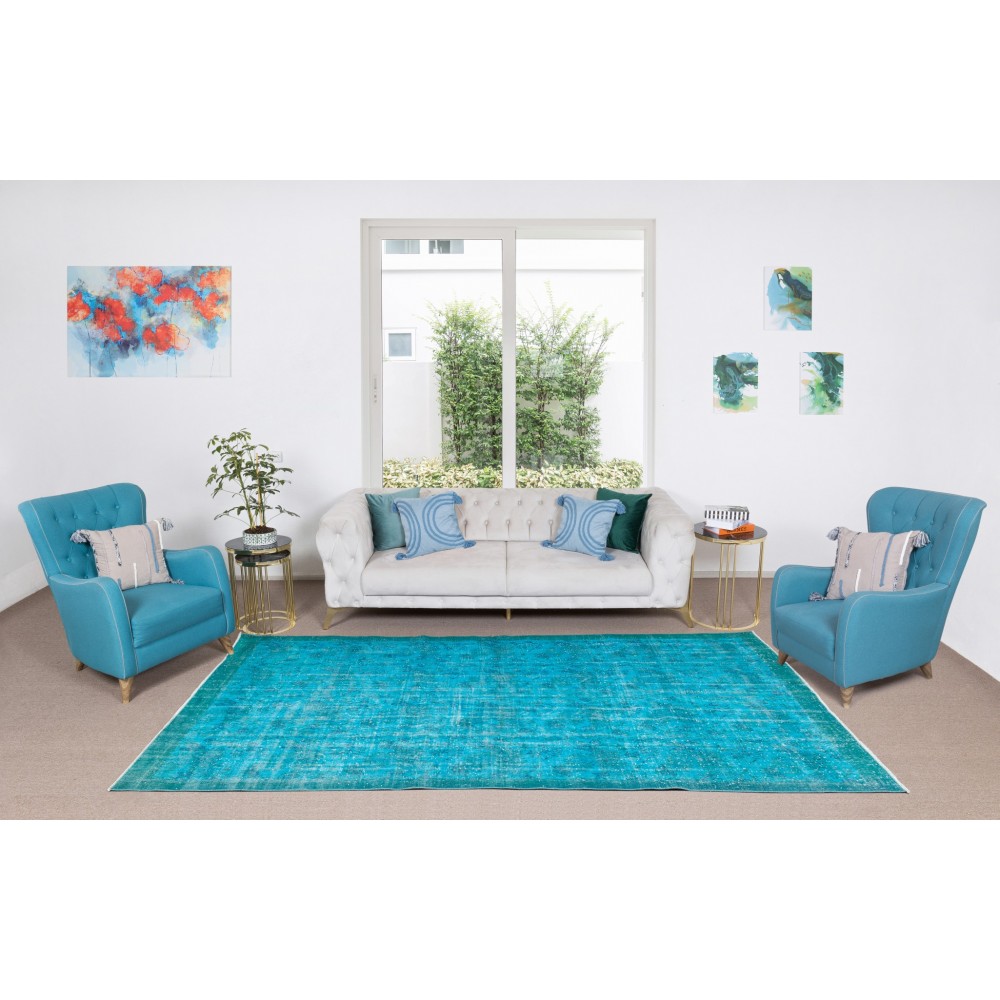 Handmade Vintage Turkish Area Rug Over-Dyed in Teal Blue for Contemporary Interiors