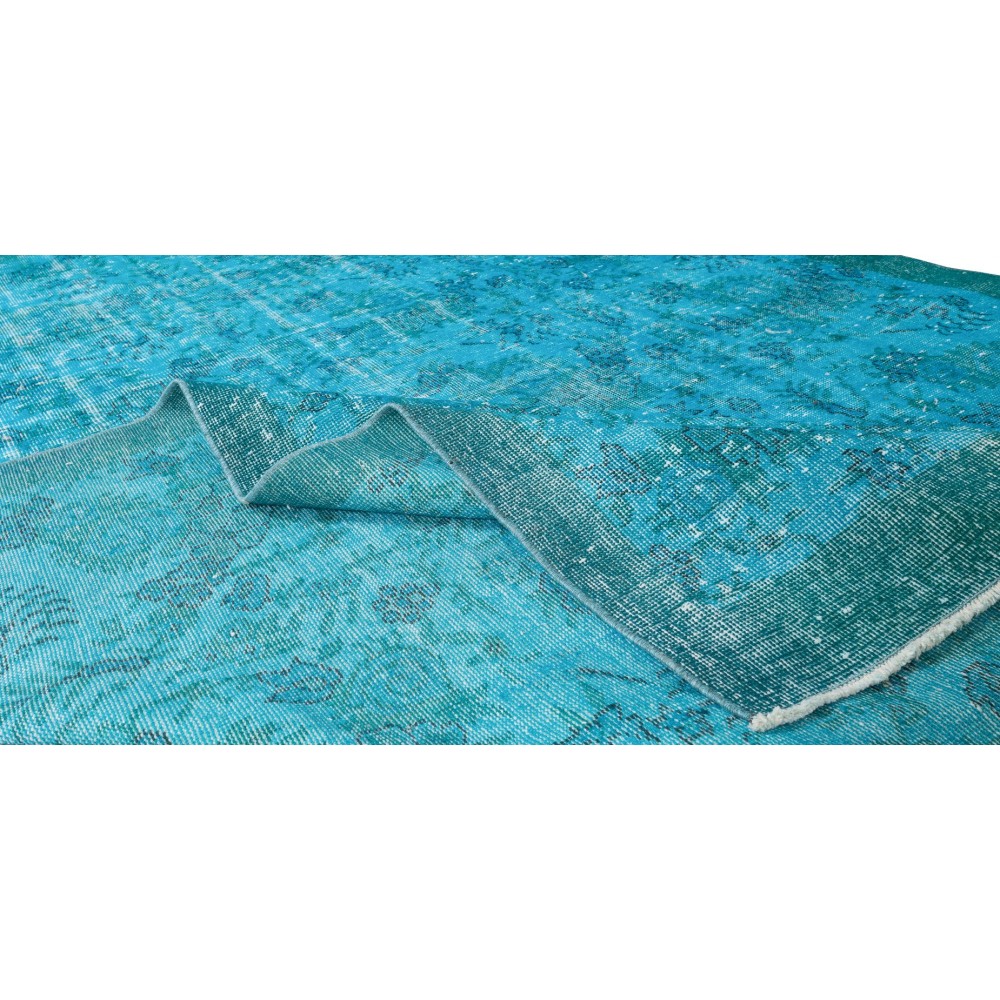 Handmade Vintage Turkish Area Rug Over-Dyed in Teal Blue for Contemporary Interiors