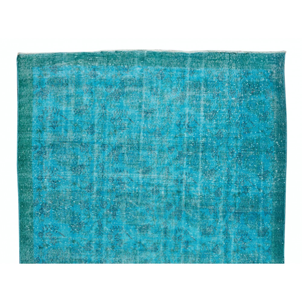 Handmade Vintage Turkish Area Rug Over-Dyed in Teal Blue for Contemporary Interiors