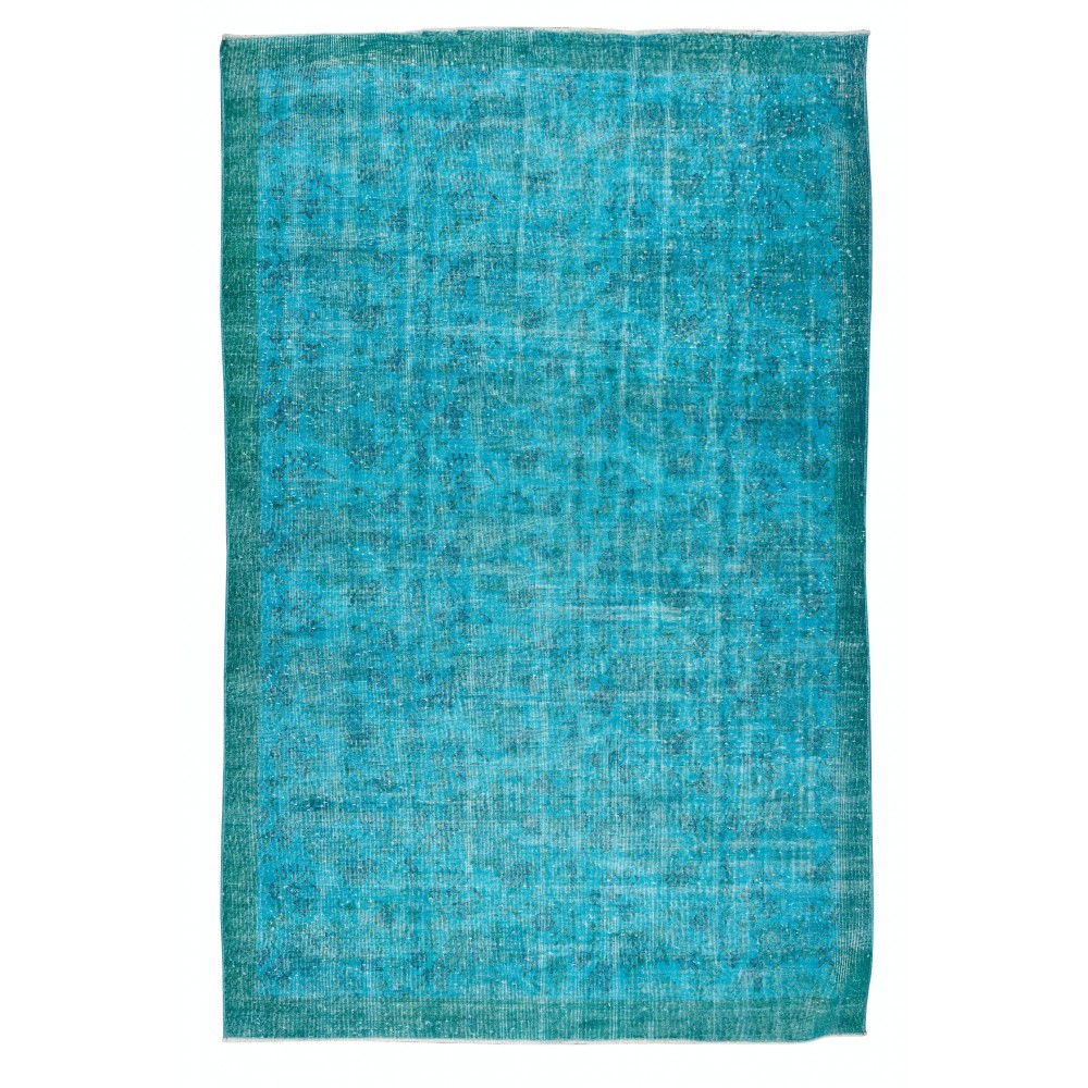 Handmade Vintage Turkish Area Rug Over-Dyed in Teal Blue for Contemporary Interiors