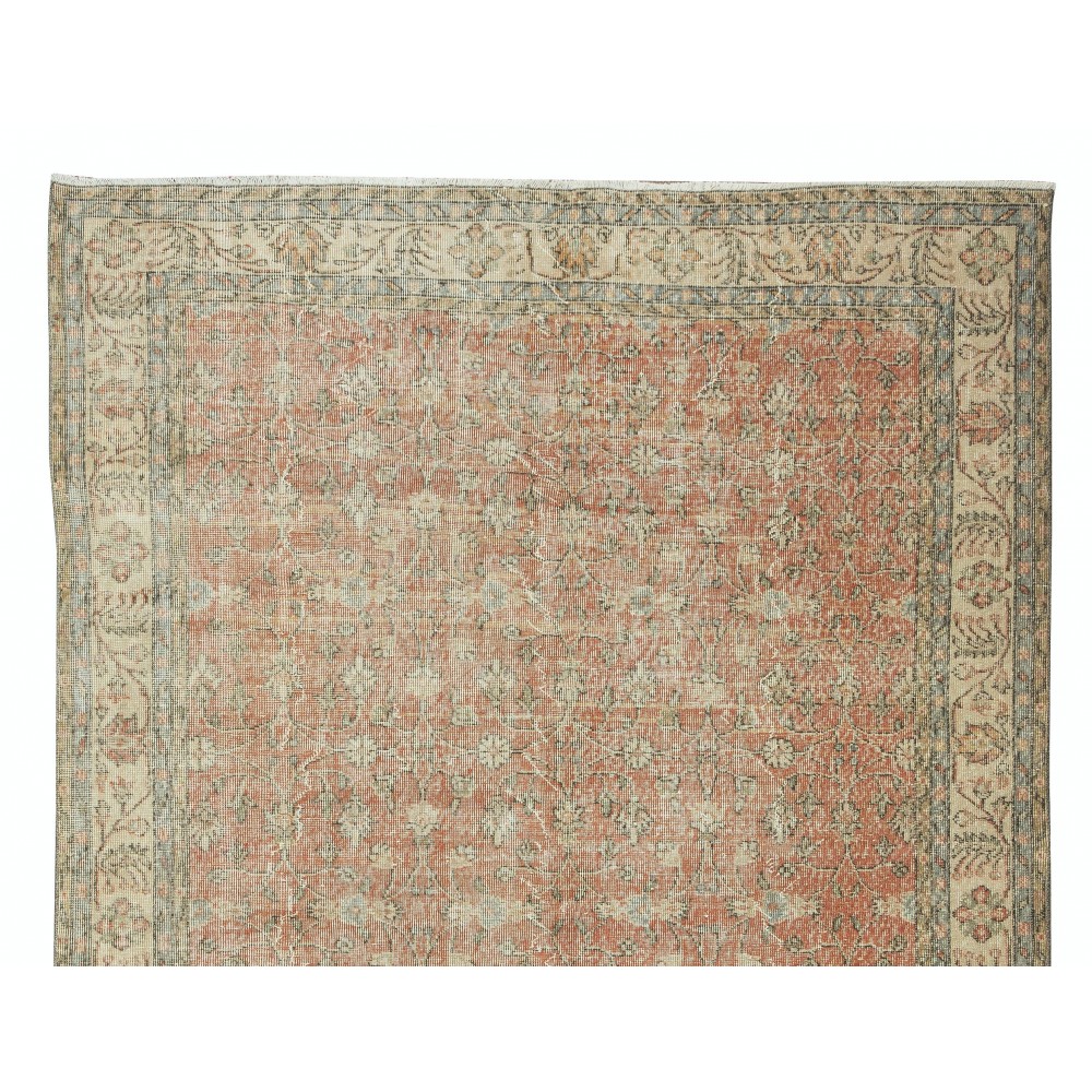 Hand Knotted Vintage Turkish Rug, Floral Design, Wool and Cotton Carpet