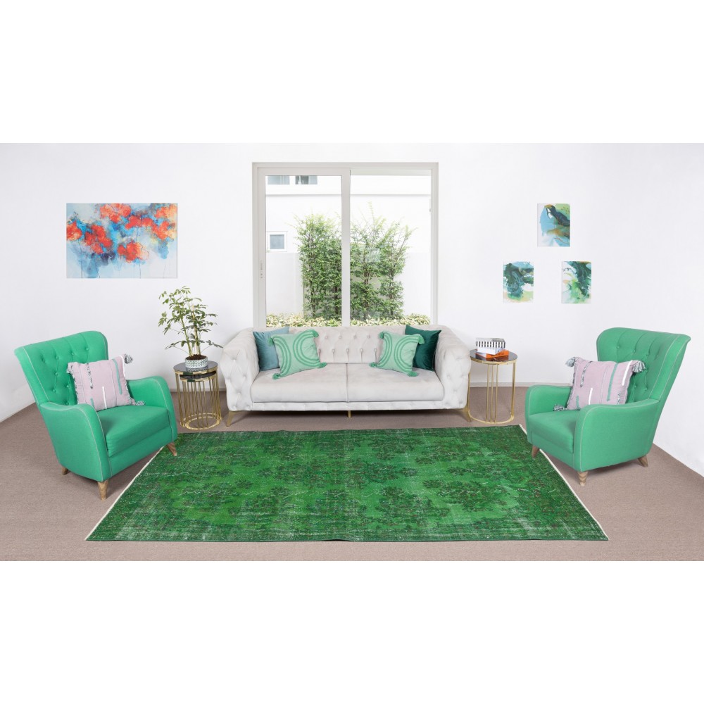Vintage Green Rug, Handmade Turkish Wool Area Rug Overdyed in Green