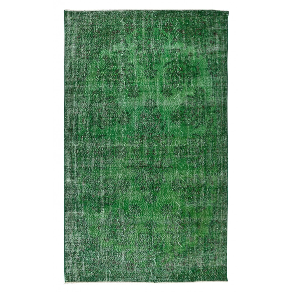 Vintage Green Rug, Handmade Turkish Wool Area Rug Overdyed in Green
