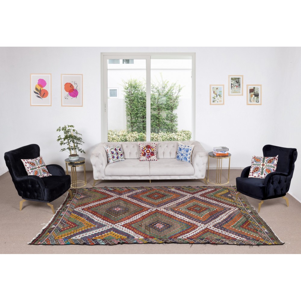 Vintage Turkish Jajim Kilim Rug, One of a Kind Hand-Woven Carpet Made of Wool