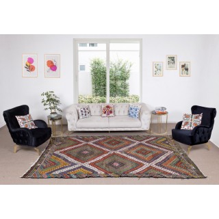 Vintage Turkish Jajim Kilim Rug, One of a Kind Hand-Woven Carpet Made of Wool