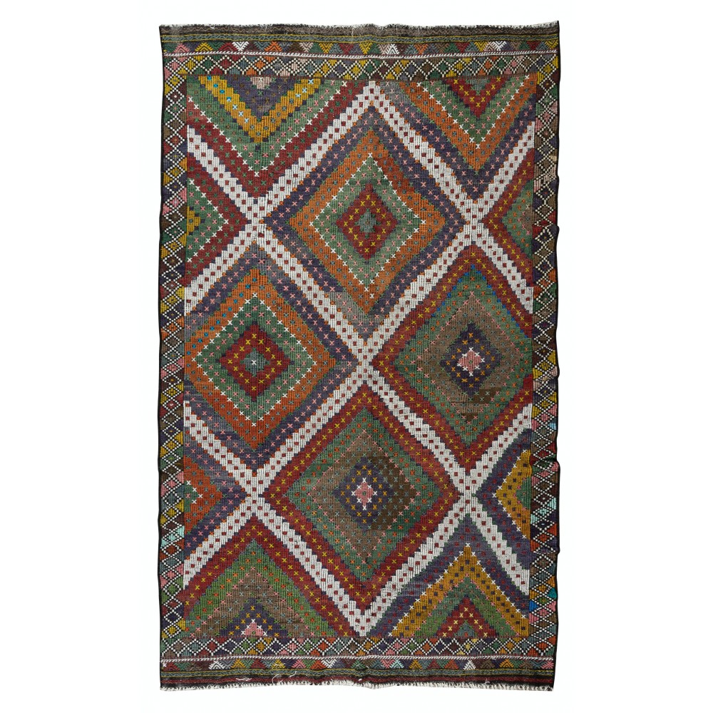 Vintage Turkish Jajim Kilim Rug, One of a Kind Hand-Woven Carpet Made of Wool