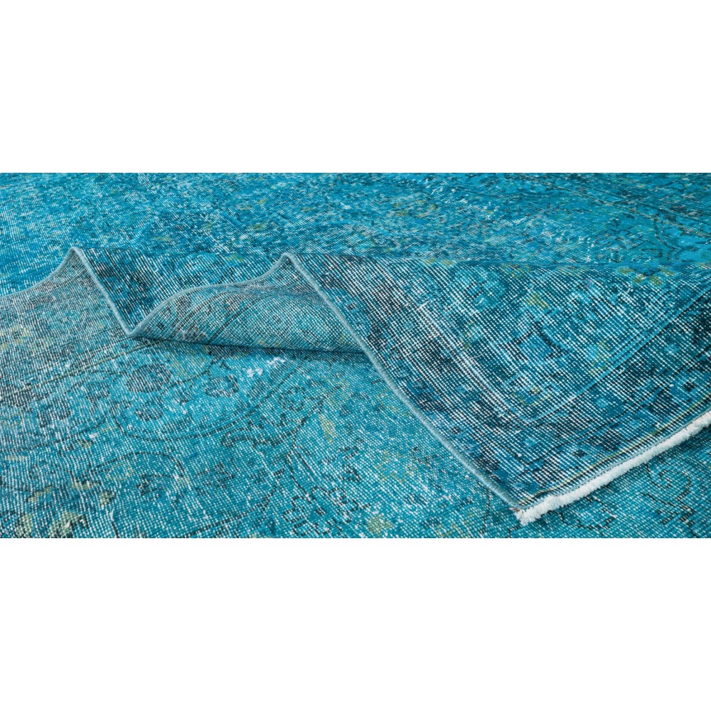 Handmade Vintage Turkish Area Wool Rug Over-Dyed in Teal Blue for Modern Interiors