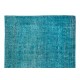 Handmade Vintage Turkish Area Wool Rug Over-Dyed in Teal Blue for Modern Interiors