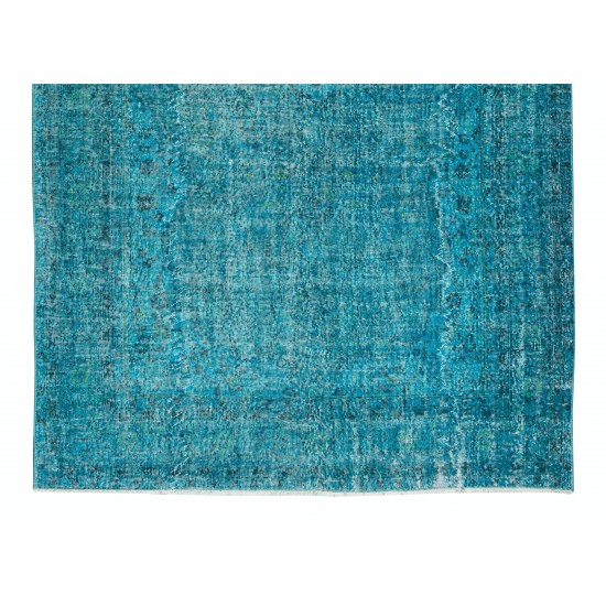 Handmade Vintage Turkish Area Wool Rug Over-Dyed in Teal Blue for Modern Interiors