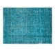 Handmade Vintage Turkish Area Wool Rug Over-Dyed in Teal Blue for Modern Interiors