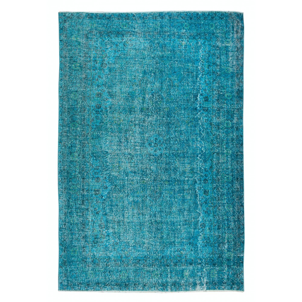 Handmade Vintage Turkish Area Wool Rug Over-Dyed in Teal Blue for Modern Interiors