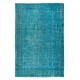 Handmade Vintage Turkish Area Wool Rug Over-Dyed in Teal Blue for Modern Interiors