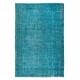 Handmade Vintage Turkish Area Wool Rug Over-Dyed in Teal Blue for Modern Interiors