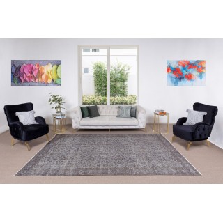 Vintage Floral Rug Over-Dyed in Gray for Modern Interiors, Handmade in Turkey