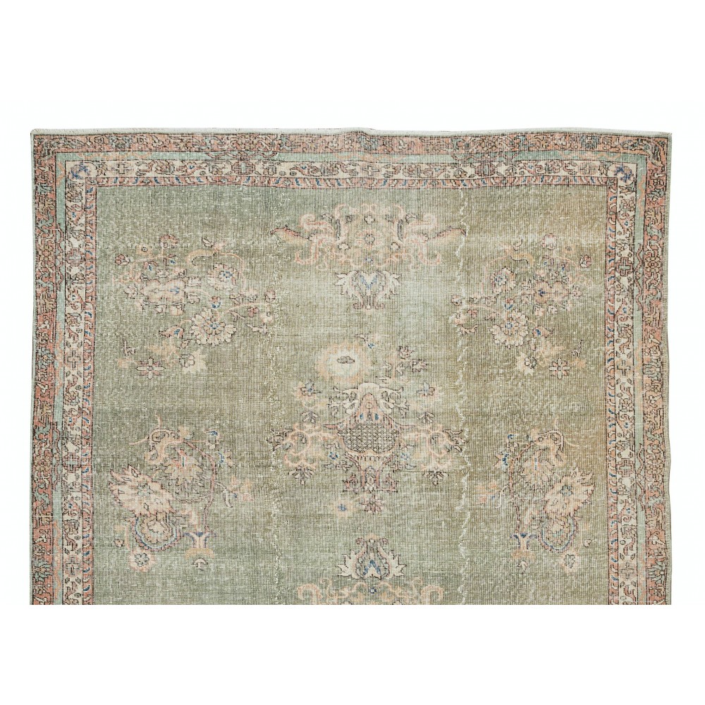 Vintage Handmade Turkish Oushak Wool Area Rug in Shades of Soft Green Color