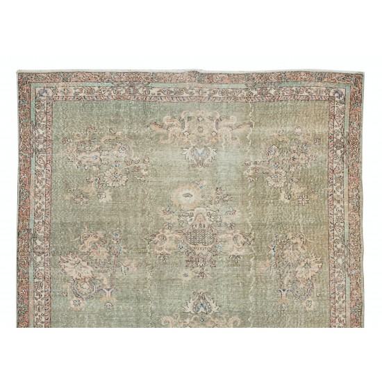 Handmade Turkish Area Rug in Shades of Green, Vintage Floral Pattern Wool Carpet Handmade Turkish Area Rug in Shades of Green, Vintage Floral Pattern Wool Carpet