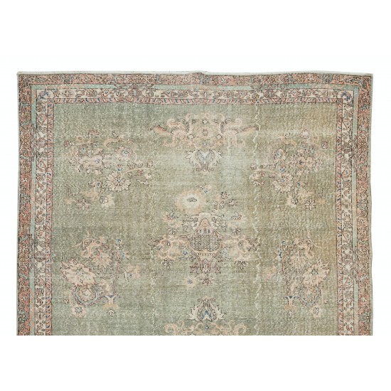 Handmade Turkish Area Rug in Shades of Green, Vintage Floral Pattern Wool Carpet