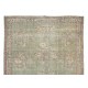 Handmade Turkish Area Rug in Shades of Green, Vintage Floral Pattern Wool Carpet