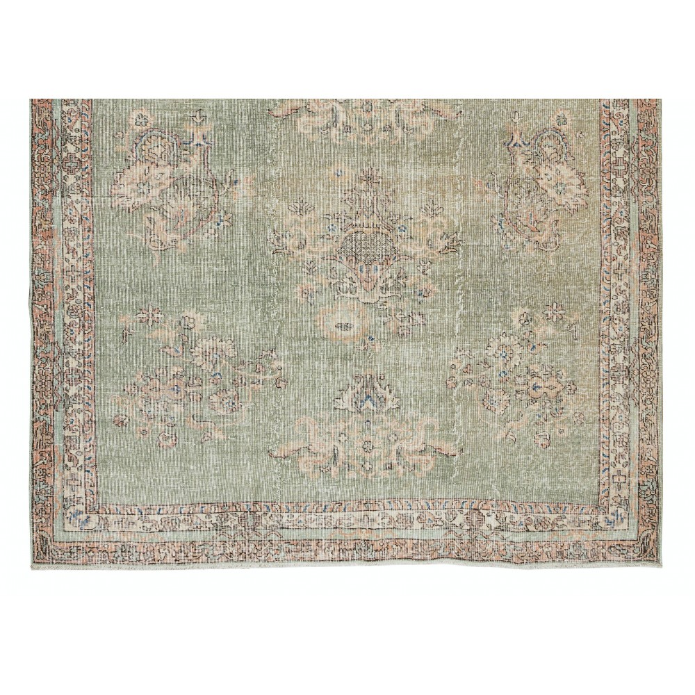Vintage Handmade Turkish Oushak Wool Area Rug in Shades of Soft Green Color