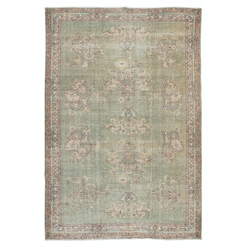 Vintage Handmade Turkish Oushak Wool Area Rug in Shades of Soft Green Color