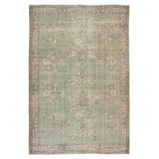 Handmade Turkish Area Rug in Shades of Green, Vintage Floral Pattern Wool Carpet