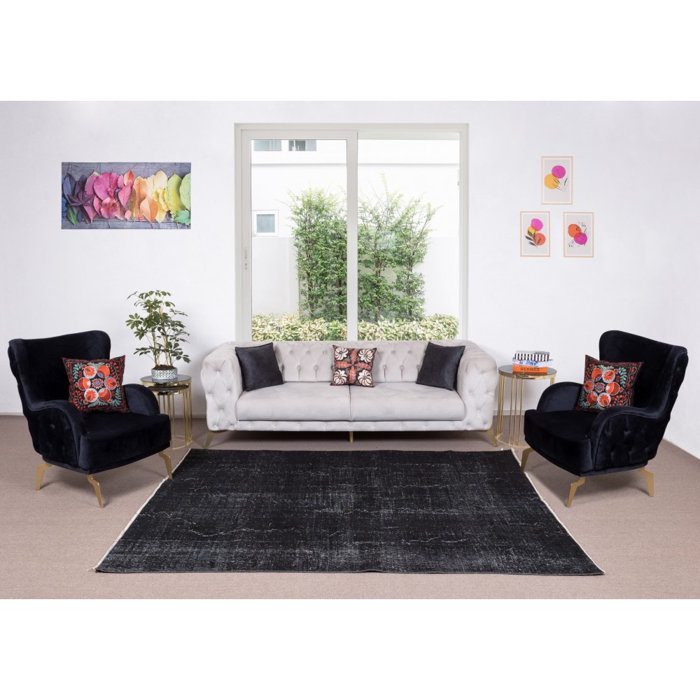 Vintage Handmade Turkish Wool Rug Over-Dyed in Black for Modern Interiors