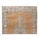 Hand Knotted Turkish Area Rug with Medallion Design, Vintage Carpet in Orange, Navy Blue & Cream Colors