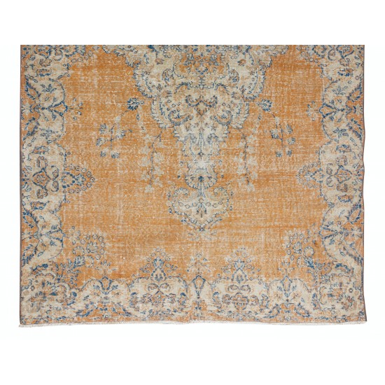 Hand Knotted Turkish Area Rug with Medallion Design, Vintage Carpet in Orange, Navy Blue & Cream Colors