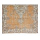 Hand Knotted Turkish Area Rug with Medallion Design, Vintage Carpet in Orange, Navy Blue & Cream Colors