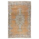 Hand Knotted Turkish Area Rug with Medallion Design, Vintage Carpet in Orange, Navy Blue & Cream Colors