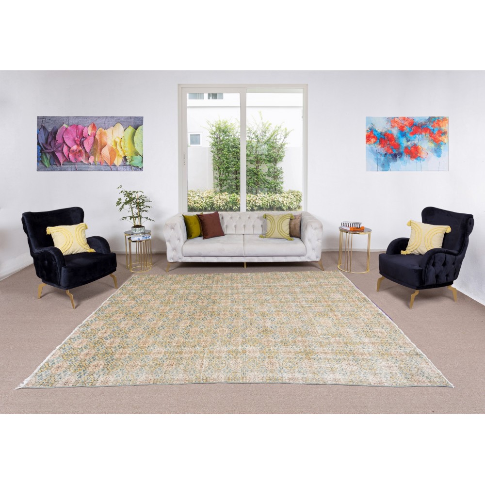 Floral Pattern Green Area Rug, Vintage Handmade Turkish Wool Area Rug