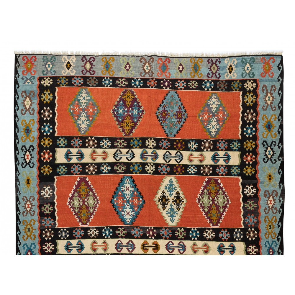 Vintage Geometric Pattern Hand-Woven Turkish Kilim Rug Made of Wool, Flat-Weave Floor Covering