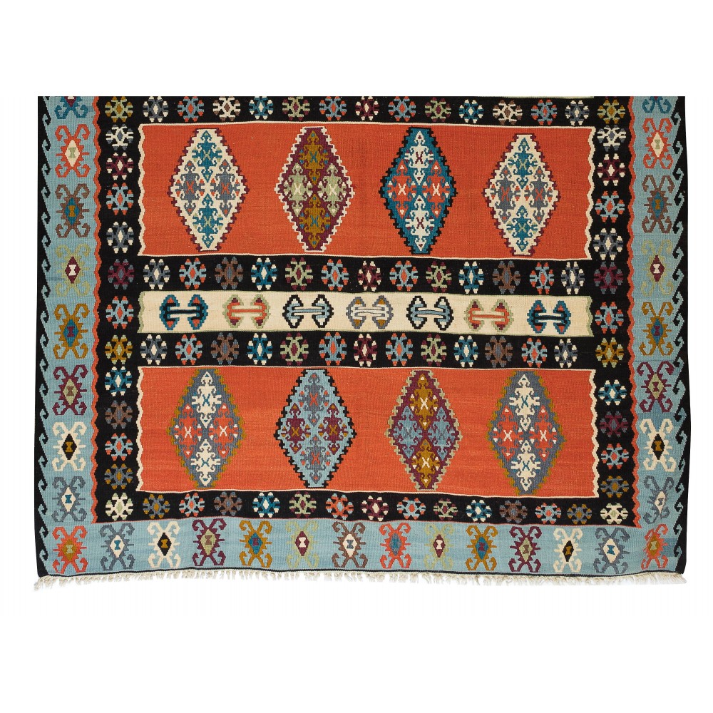 Vintage Geometric Pattern Hand-Woven Turkish Kilim Rug Made of Wool, Flat-Weave Floor Covering
