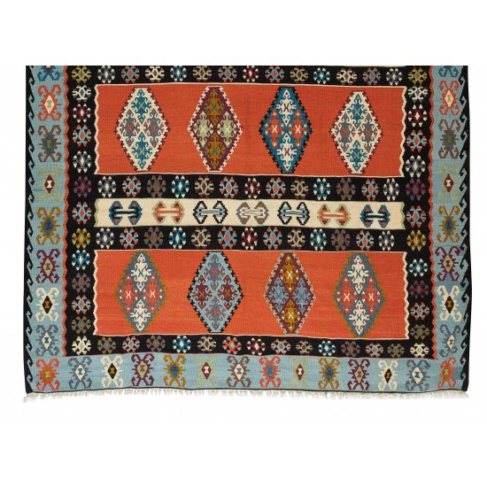 Vintage Geometric Pattern Hand-Woven Turkish Kilim Rug Made of Wool, Flat-Weave Floor Covering