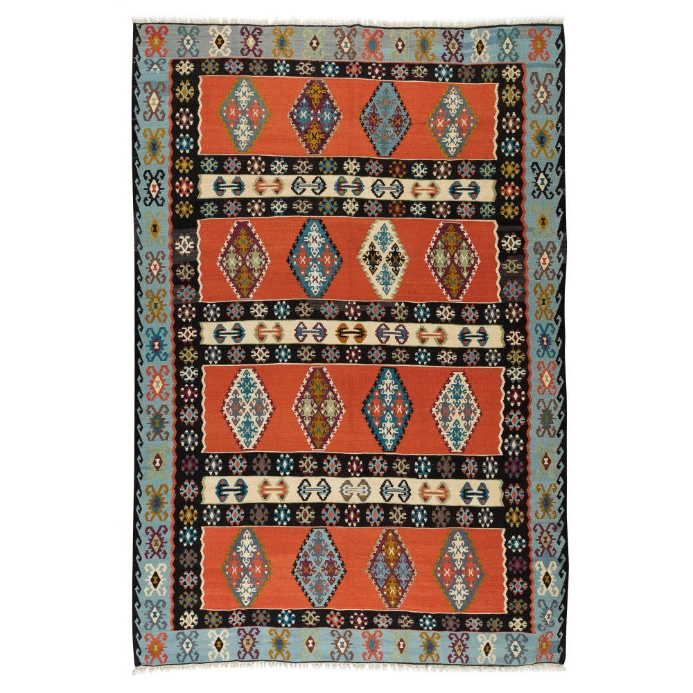 Vintage Geometric Pattern Hand-Woven Turkish Kilim Rug Made of Wool, Flat-Weave Floor Covering