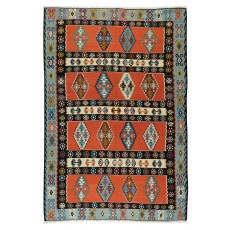 Vintage Geometric Pattern Hand-Woven Turkish Kilim Rug Made of Wool, Flat-Weave Floor Covering