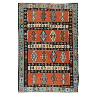Vintage Geometric Pattern Hand-Woven Turkish Kilim Rug Made of Wool, Flat-Weave Floor Covering