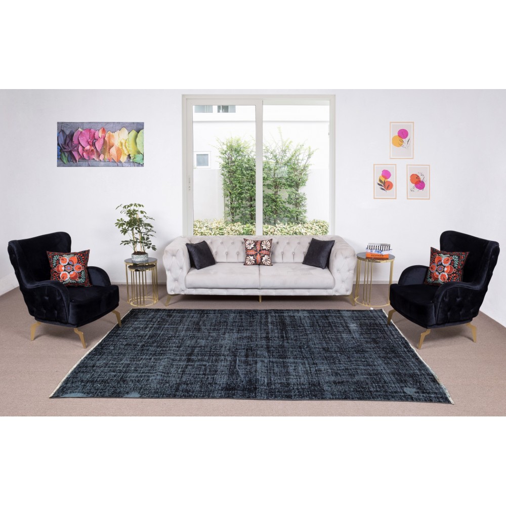 Vintage Handmade Turkish Wool Area Rug Over-Dyed in Black, Great 4 Contemporary Interiors