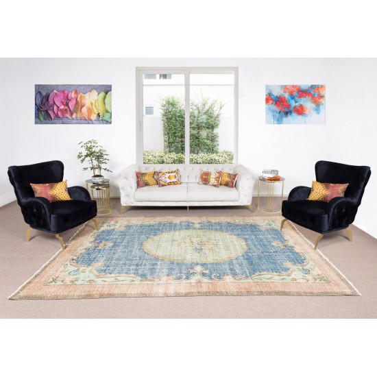 Handmade Turkish Area Rug, Vintage Floral Wool Carpet with Soft Colors