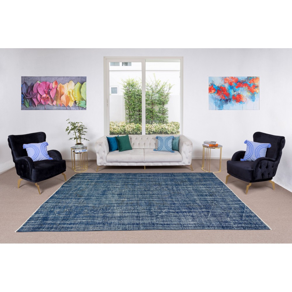 Handmade Vintage Turkish Area Rug Over-Dyed in Navy Blue for Modern Interiors